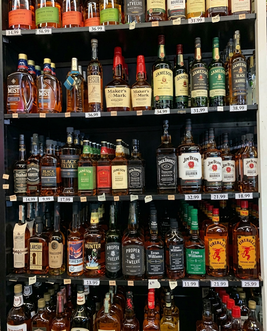 Curated whiskey selection inside Baseline Liquors